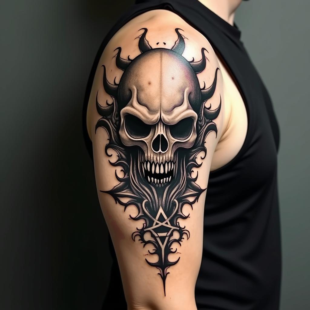 Nyarlathotep the crawling chaos, Cthulu, Azathoth, Yogosothoth, Shub Nigurothcreepy horror tattoo style, featuring an eerie and unsettling skull of a demonic creature, distorted face with sharp fangs, add pentagram symbol - Variation 3