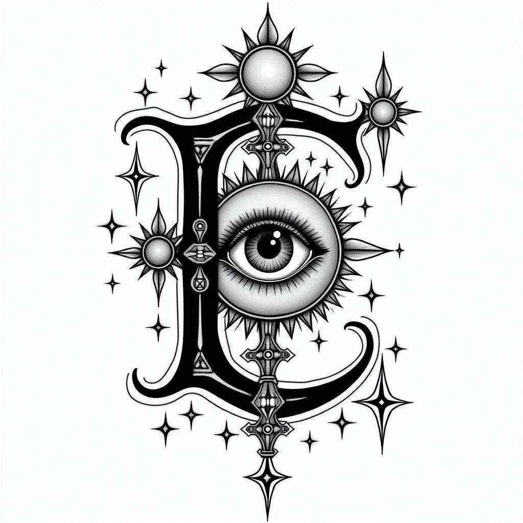 Initial Ein prophecy tattoo style, featuring mystical symbols, celestial imagery like stars, moons, suns, geometric patterns, foretelling elements, an eye of wisdom - Variation 4