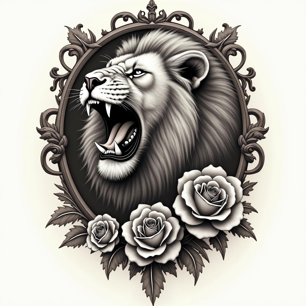 Roaring lion with a flowing manein victorian style tattoo, featuring vintage and elegant elements, ornate frames, roses, antique, sepia-toned color scheme - Variation 5