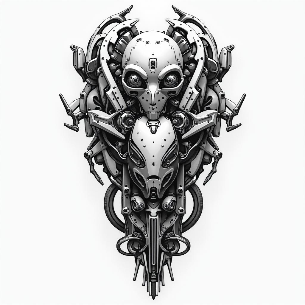 Initial Etattoo in biomechanic style, the tattoo covered by robotic elements of futuristic cyberpunk design, robotic features detail, showcasing intricate mechanical components - Variation 2