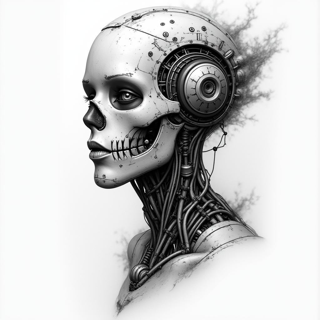 Initial Etattoo in biomechanic style, the tattoo covered by robotic elements of futuristic cyberpunk design, robotic features detail, showcasing intricate mechanical components