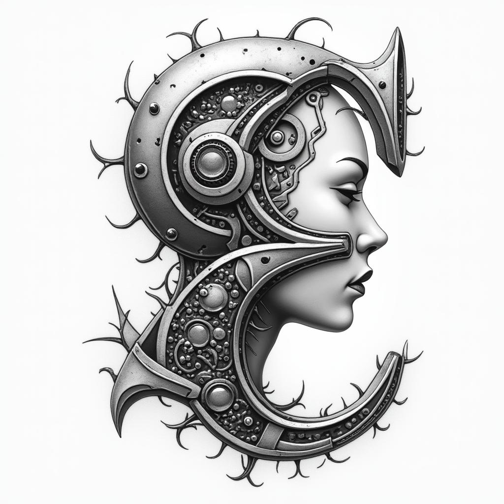 Initial Etattoo in biomechanic style, the tattoo covered by robotic elements of futuristic cyberpunk design, robotic features detail, showcasing intricate mechanical components - Variation 4