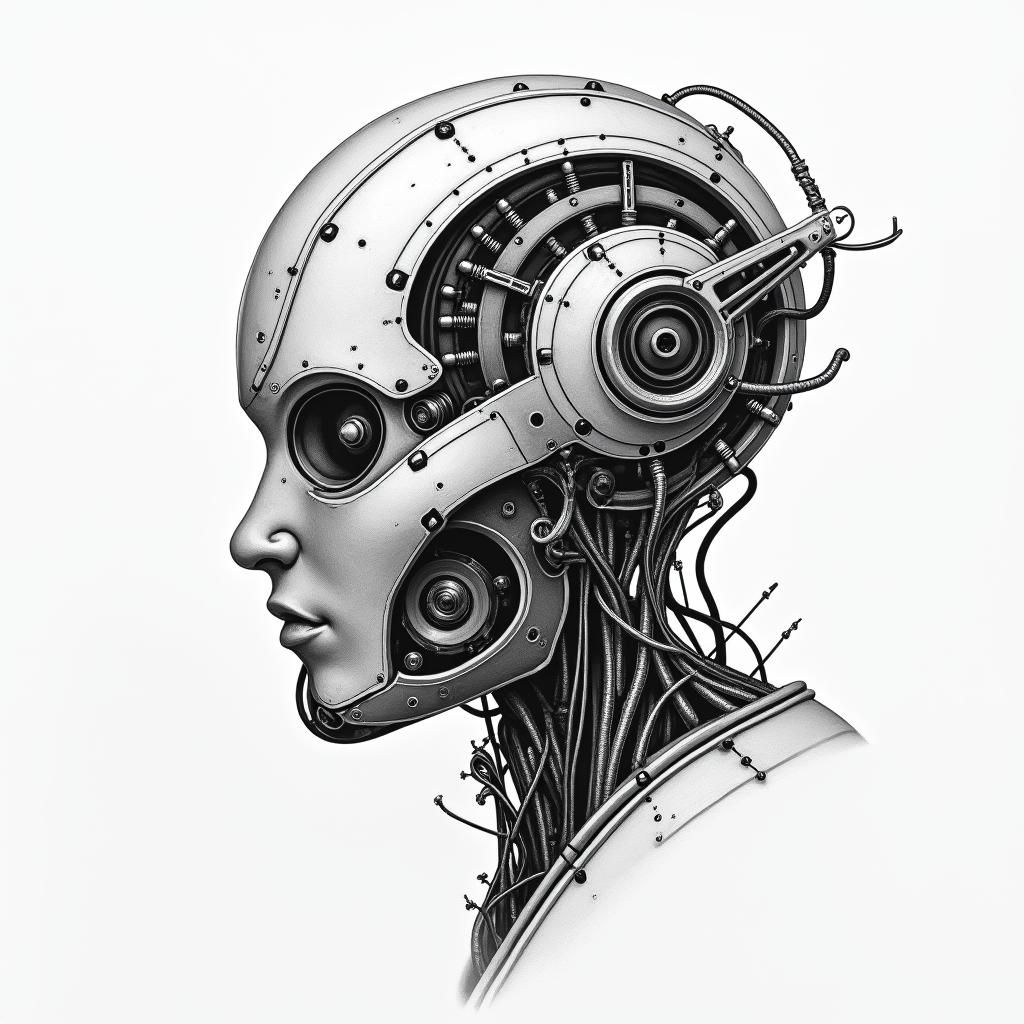 Initial Etattoo in biomechanic style, the tattoo covered by robotic elements of futuristic cyberpunk design, robotic features detail, showcasing intricate mechanical components - Variation 3