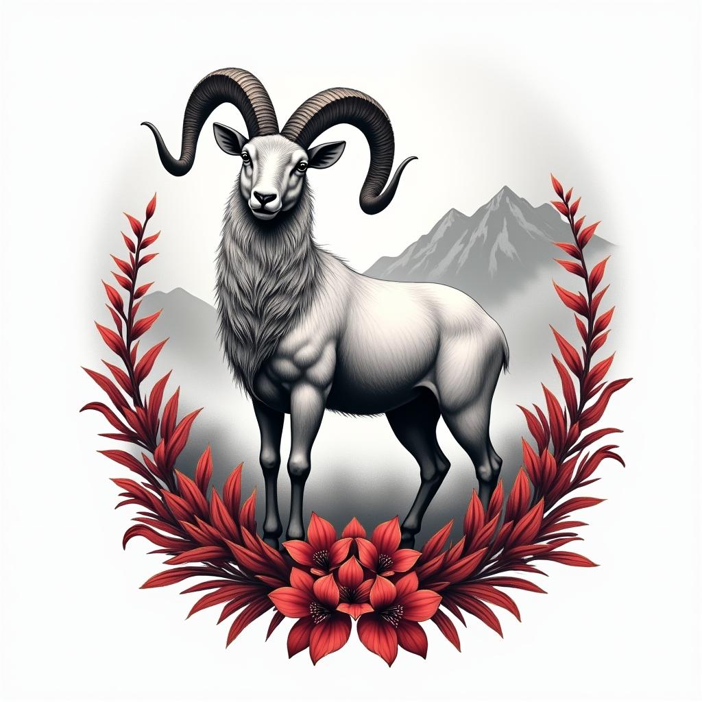 A realistic depiction of an Aries ram standing proud against a backdrop of majestic mountains, intertwined with vibrant red plants and flowers. The ram symbolizes strength, embodying qualities of leadership and passion. The overall design conveys empowerment, highlighting the fierce spirit of Aries in a unique and meaningful way.higly detailed tattoo - Variation 2