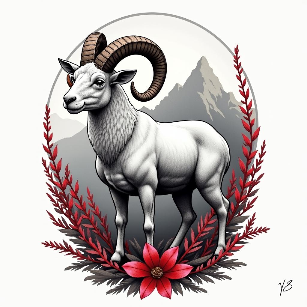 A realistic depiction of an Aries ram standing proud against a backdrop of majestic mountains, intertwined with vibrant red plants and flowers. The ram symbolizes strength, embodying qualities of leadership and passion. The overall design conveys empowerment, highlighting the fierce spirit of Aries in a unique and meaningful way.higly detailed tattoo - Variation 4