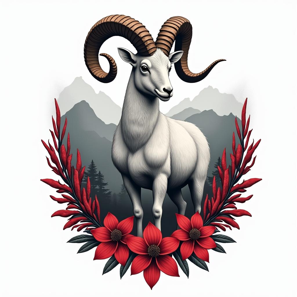 A realistic depiction of an Aries ram standing proud against a backdrop of majestic mountains, intertwined with vibrant red plants and flowers. The ram symbolizes strength, embodying qualities of leadership and passion. The overall design conveys empowerment, highlighting the fierce spirit of Aries in a unique and meaningful way.higly detailed tattoo - Variation 3