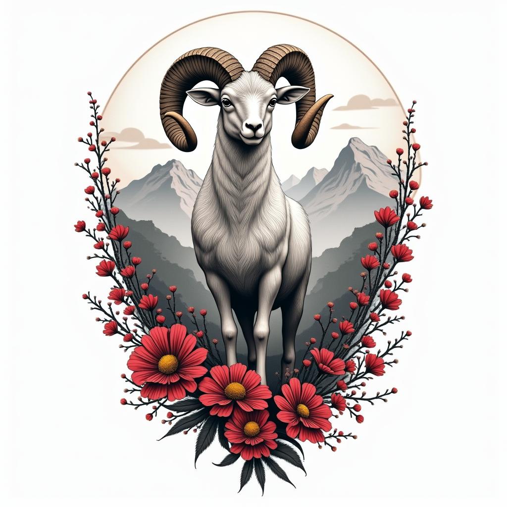 A realistic depiction of an Aries ram standing proud against a backdrop of majestic mountains, intertwined with vibrant red plants and flowers. The ram symbolizes strength, embodying qualities of leadership and passion. The overall design conveys empowerment, highlighting the fierce spirit of Aries in a unique and meaningful way.higly detailed tattoo