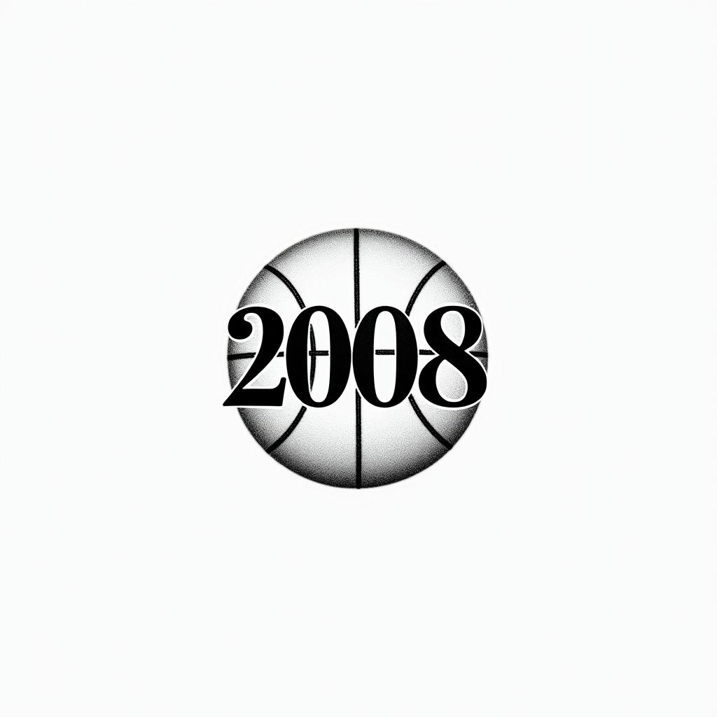 Minimalist black and white tattoo that symbolizes basketball and the bond with friends. Integrate the number "2008" as an important year, possibly in an elegant font, to mark the beginning of a life journey.higly detailed tattoo - Variation 2