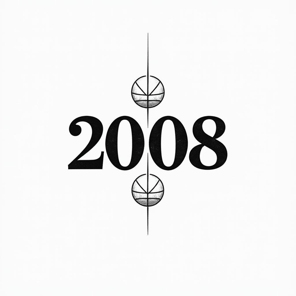 Minimalist black and white tattoo that symbolizes basketball and the bond with friends. Integrate the number "2008" as an important year, possibly in an elegant font, to mark the beginning of a life journey.higly detailed tattoo