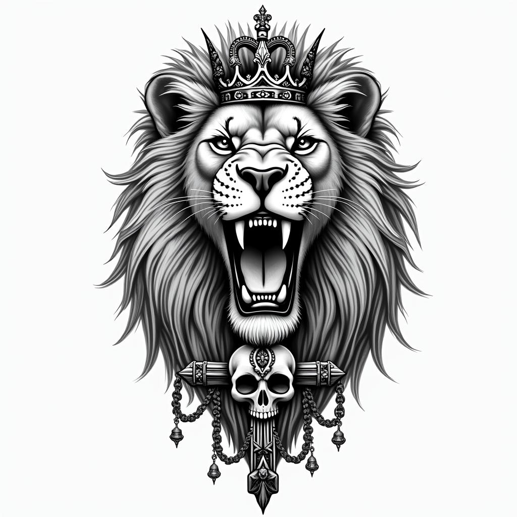 Lioness with crown on headin chicano style tattoo, featuring intricate black and grey shading, bold elements of traditional chicano culture symbols, add a big cross with skull, chains and roses - Variation 3