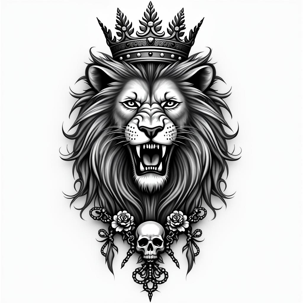 Lioness with crown on headin chicano style tattoo, featuring intricate black and grey shading, bold elements of traditional chicano culture symbols, add a big cross with skull, chains and roses - Variation 4