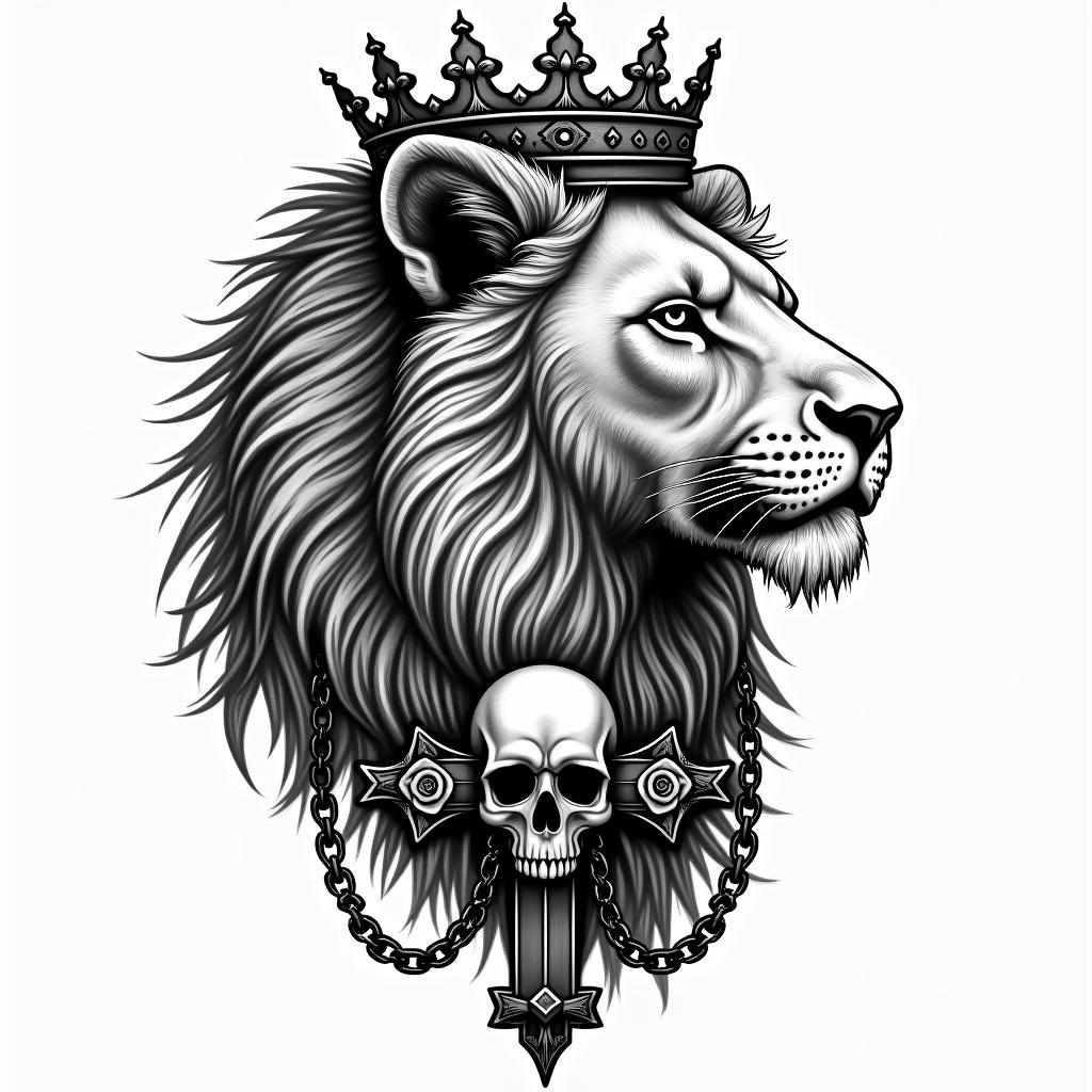 Lioness with crown on headin chicano style tattoo, featuring intricate black and grey shading, bold elements of traditional chicano culture symbols, add a big cross with skull, chains and roses - Variation 2