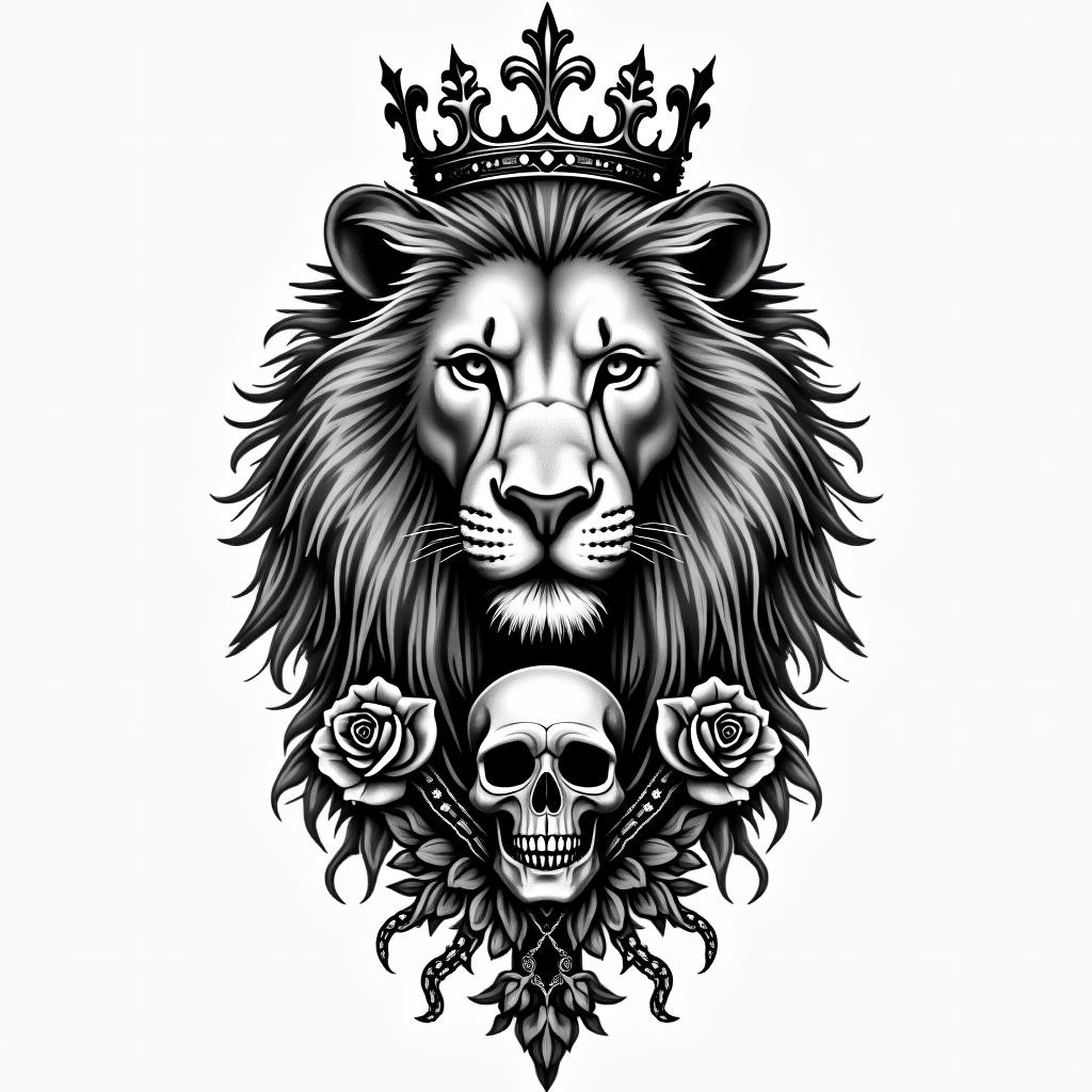 Lioness with crown on headin chicano style tattoo, featuring intricate black and grey shading, bold elements of traditional chicano culture symbols, add a big cross with skull, chains and roses