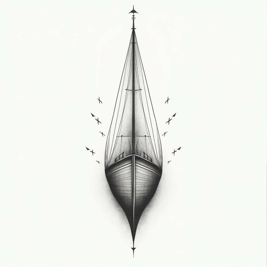 A front facing shipin minimalist style tattoo, featuring simple shapes and fine lines, with minimal shading and details, tiny triangles, creating a sense of balance and harmony - Variation 10