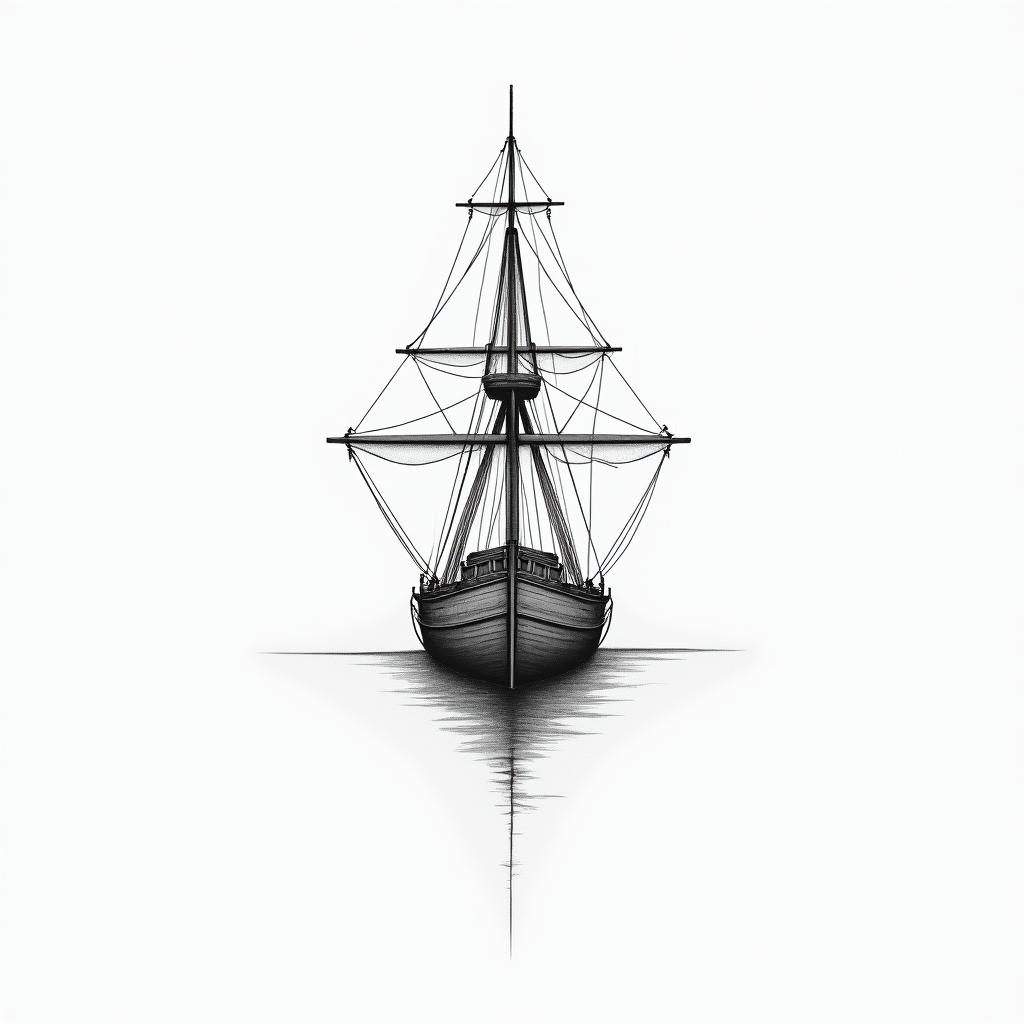 A front facing shipin minimalist style tattoo, featuring simple shapes and fine lines, with minimal shading and details, tiny triangles, creating a sense of balance and harmony - Variation 11