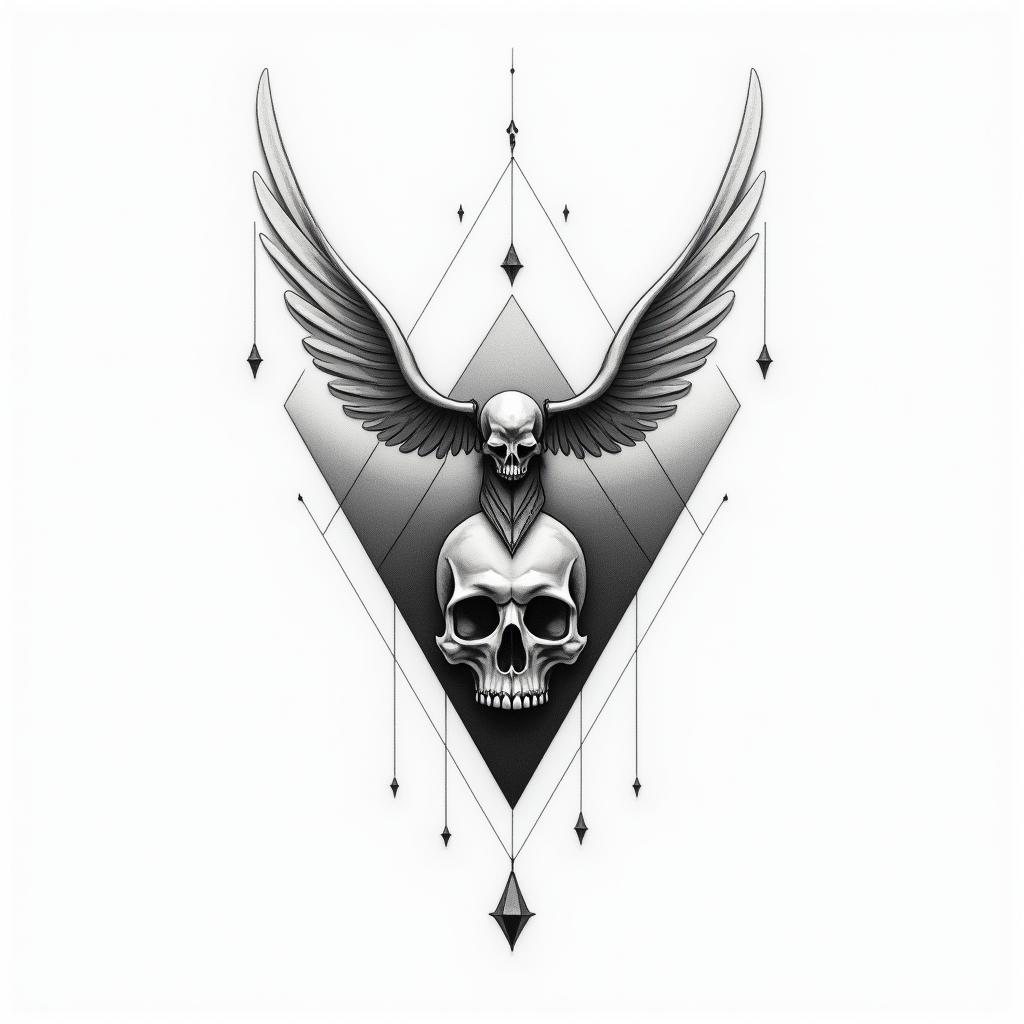 Loved strength skull angel mountainin minimalist style tattoo, featuring simple shapes and fine lines, with minimal shading and details, tiny triangles, creating a sense of balance and harmony - Variation 3