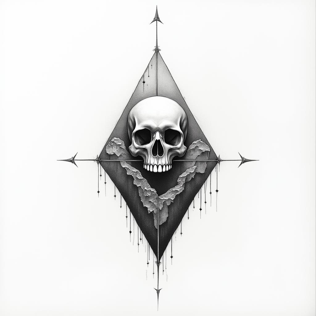 Loved strength skull angel mountainin minimalist style tattoo, featuring simple shapes and fine lines, with minimal shading and details, tiny triangles, creating a sense of balance and harmony