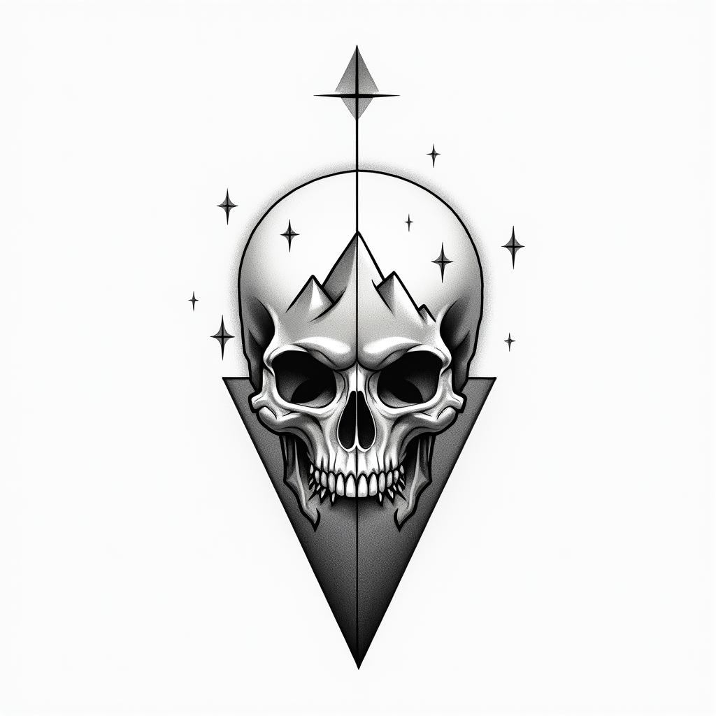 Loved strength skull angel mountainin minimalist style tattoo, featuring simple shapes and fine lines, with minimal shading and details, tiny triangles, creating a sense of balance and harmony - Variation 2