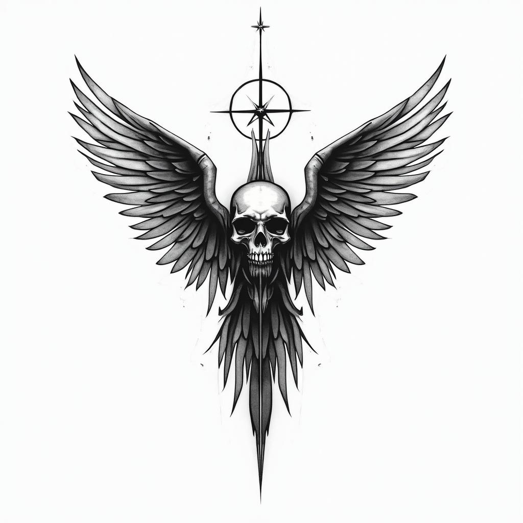 Loved strength skull angel mountainin minimalist style tattoo, featuring simple shapes and fine lines, with minimal shading and details, tiny triangles, creating a sense of balance and harmony - Variation 4