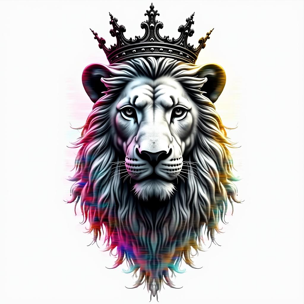 Lioness with crown on headin distorted and fragmented tattoo design, featuring a classical statue bust, in a glitch art style with vibrant, overlapping colors of cyan, magenta, and yellow, creating a digital distortion effect