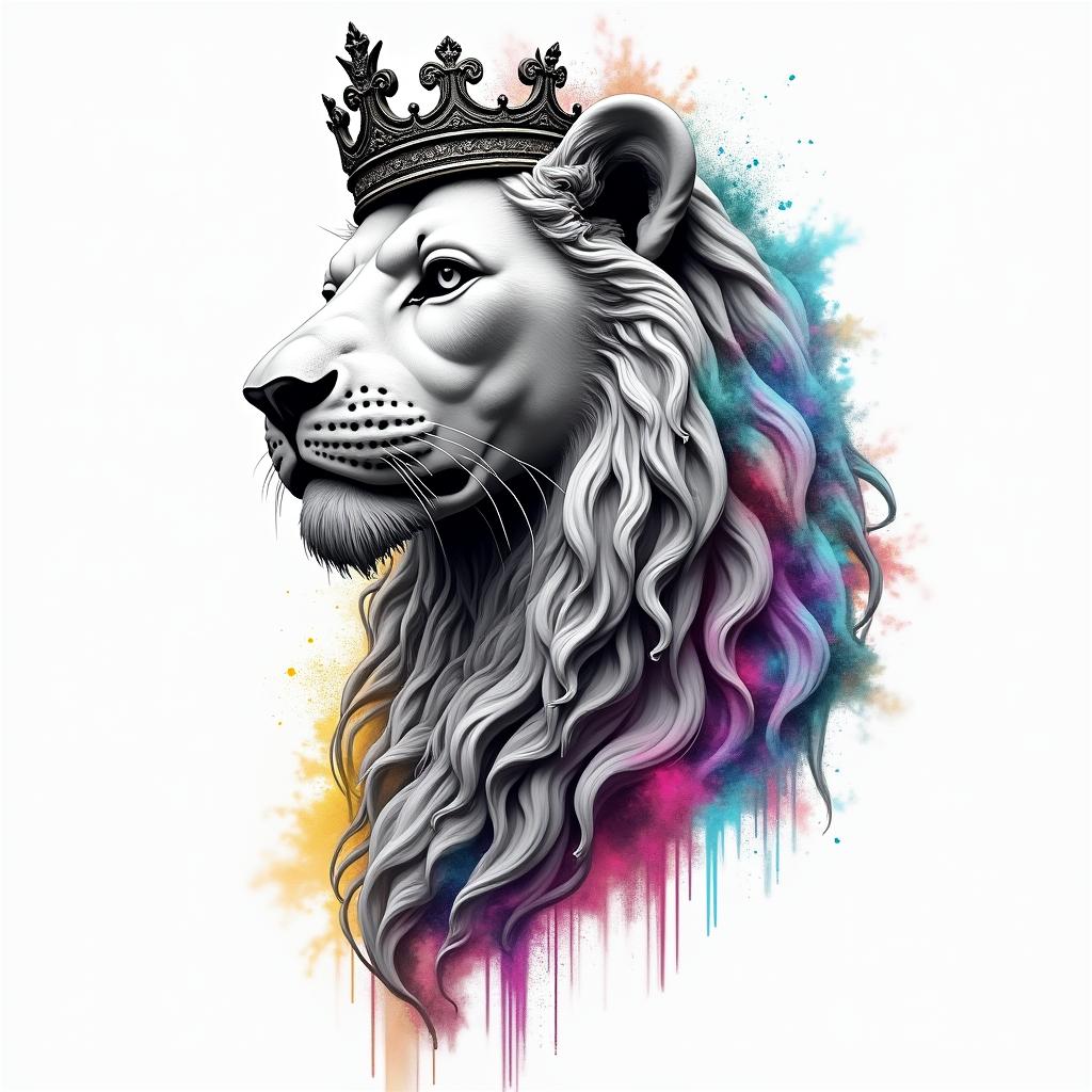 Lioness with crown on headin distorted and fragmented tattoo design, featuring a classical statue bust, in a glitch art style with vibrant, overlapping colors of cyan, magenta, and yellow, creating a digital distortion effect - Variation 3