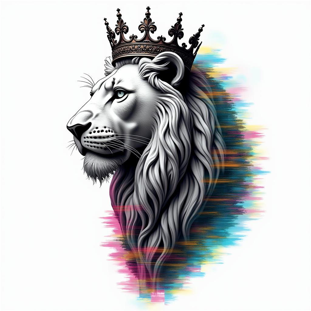 Lioness with crown on headin distorted and fragmented tattoo design, featuring a classical statue bust, in a glitch art style with vibrant, overlapping colors of cyan, magenta, and yellow, creating a digital distortion effect - Variation 4