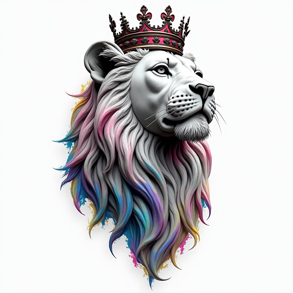 Lioness with crown on headin distorted and fragmented tattoo design, featuring a classical statue bust, in a glitch art style with vibrant, overlapping colors of cyan, magenta, and yellow, creating a digital distortion effect - Variation 2