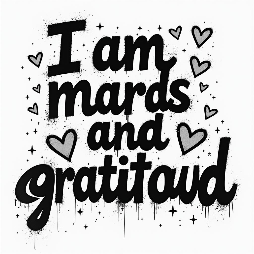 Phrase: I am made of scars and gratitude.in graffiti style tattoo, featuring bold and dynamic street art elements, spray-paint texture with exaggerated lines and expressive, chaotic brushstrokes, intricate lettering incorporated with graffiti tags, symbols like hearts, stars, and wings - Variation 2