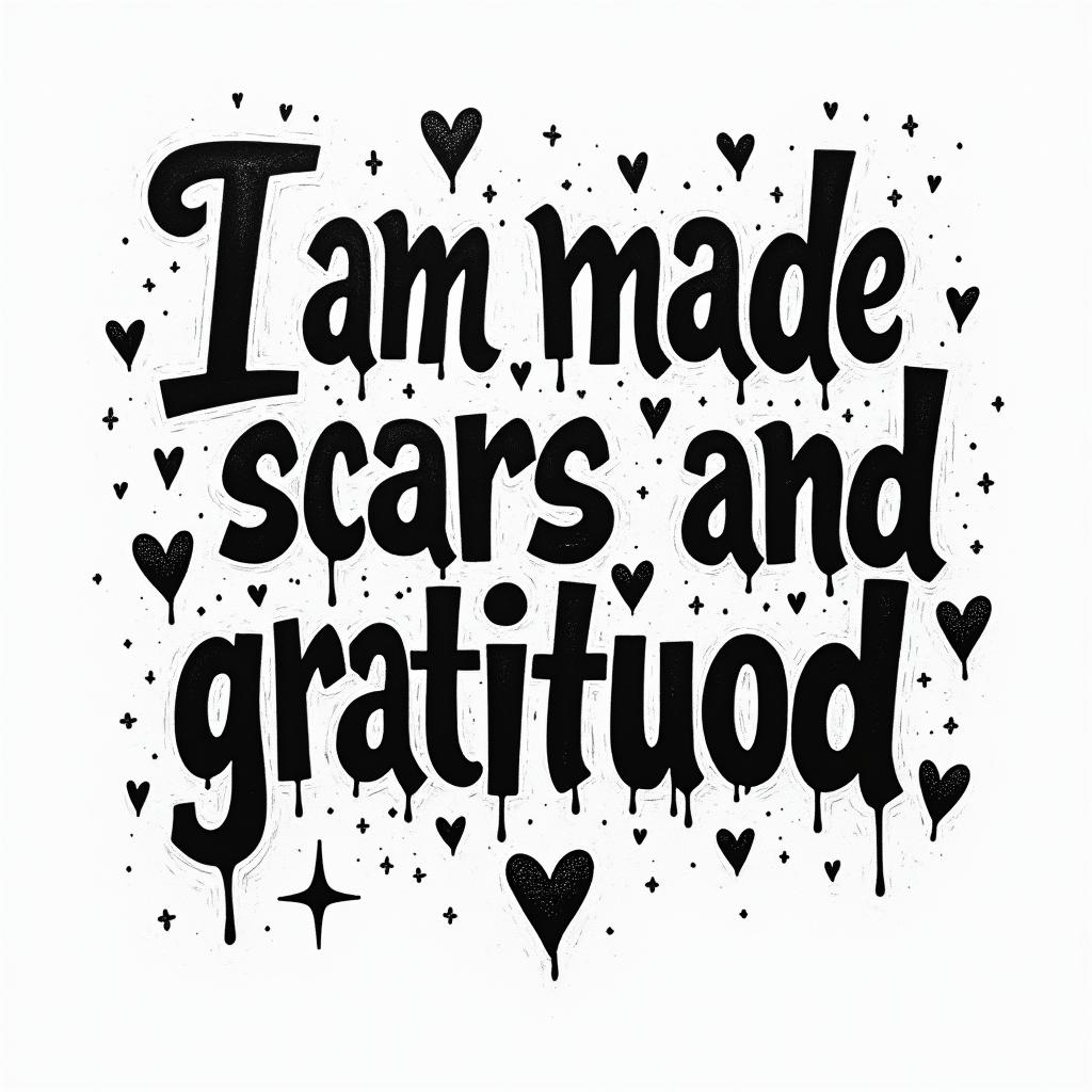 Phrase: I am made of scars and gratitude.in graffiti style tattoo, featuring bold and dynamic street art elements, spray-paint texture with exaggerated lines and expressive, chaotic brushstrokes, intricate lettering incorporated with graffiti tags, symbols like hearts, stars, and wings