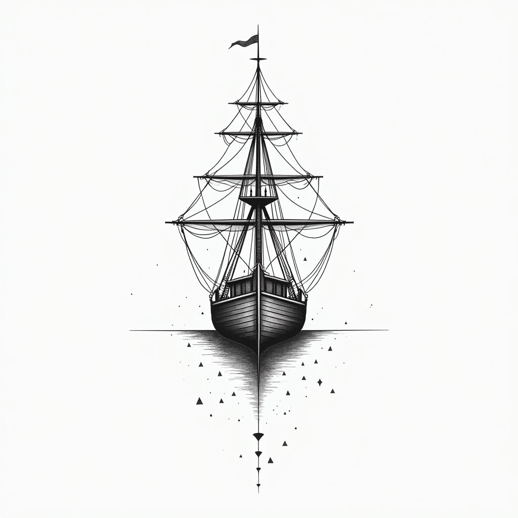 A front facing shipin minimalist style tattoo, featuring simple shapes and fine lines, with minimal shading and details, tiny triangles, creating a sense of balance and harmony - Variation 8