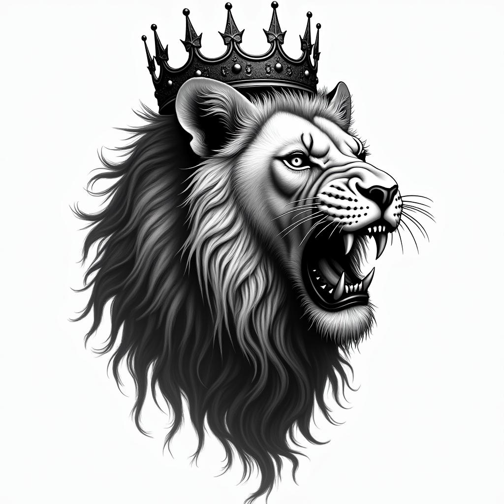 Lioness with crown on head in horror tattoo style, showcasing haunting and unsettling, dark and gritty textures with skulls, eerie faces, jgged designs, bold and intense shading - Variation 3