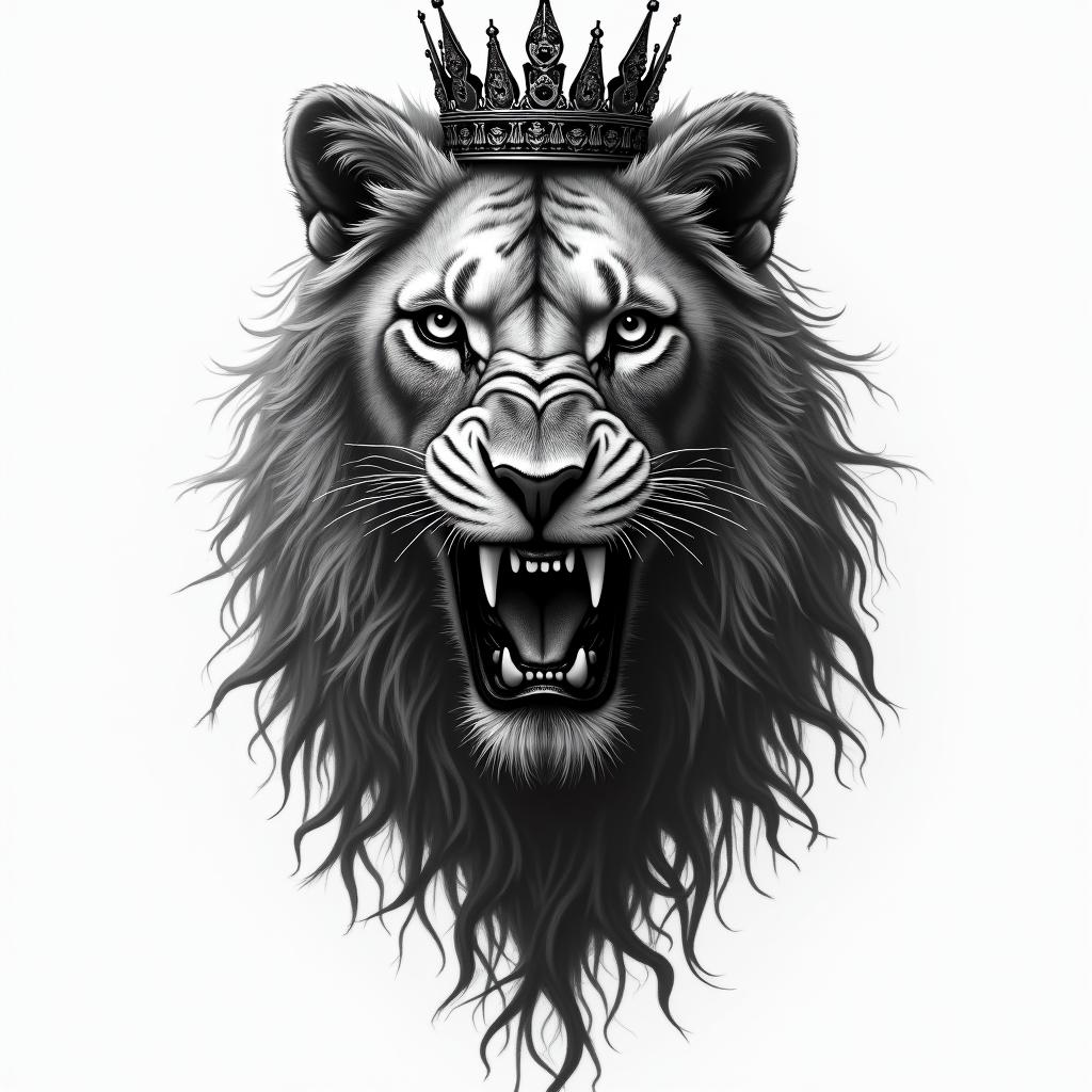Lioness with crown on head in horror tattoo style, showcasing haunting and unsettling, dark and gritty textures with skulls, eerie faces, jgged designs, bold and intense shading - Variation 2