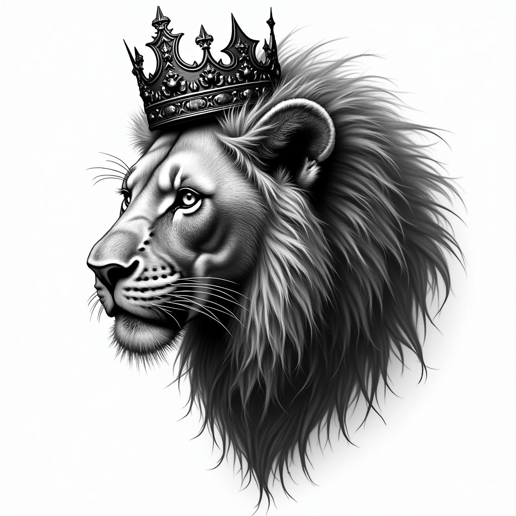 Lioness with crown on head in horror tattoo style, showcasing haunting and unsettling, dark and gritty textures with skulls, eerie faces, jgged designs, bold and intense shading - Variation 4