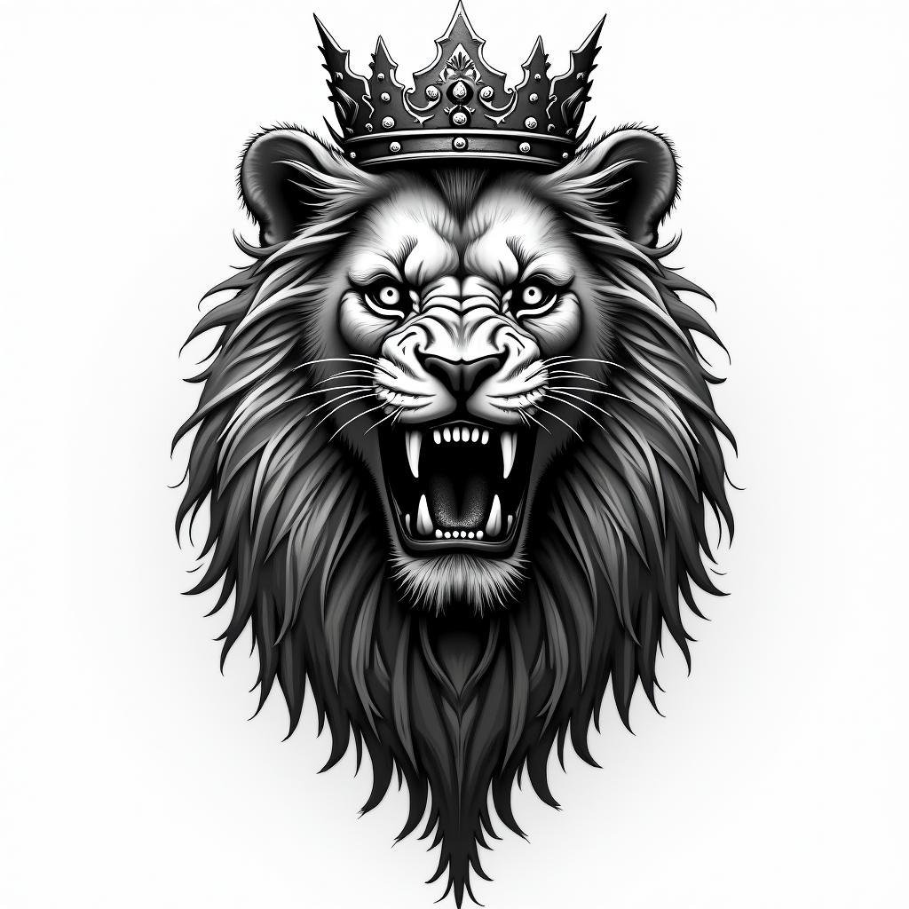 Lioness with crown on head in horror tattoo style, showcasing haunting and unsettling, dark and gritty textures with skulls, eerie faces, jgged designs, bold and intense shading