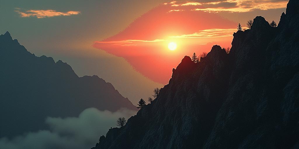 Mountain range with a rising sun in horror tattoo style, showcasing haunting and unsettling, dark and gritty textures with skulls, eerie faces, jgged designs, bold and intense shading - Variation 2