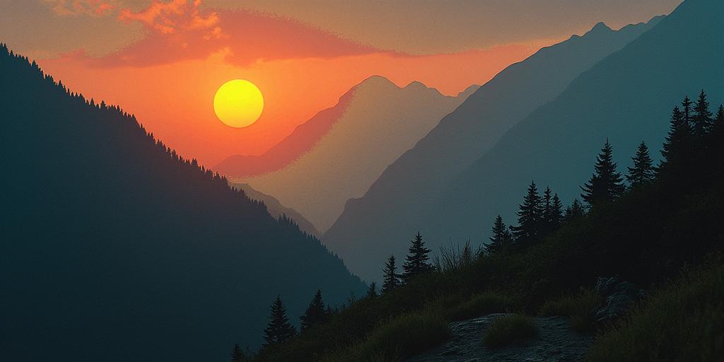 Mountain range with a rising sun in horror tattoo style, showcasing haunting and unsettling, dark and gritty textures with skulls, eerie faces, jgged designs, bold and intense shading