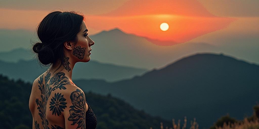 Mountain range with a rising sun in horror tattoo style, showcasing haunting and unsettling, dark and gritty textures with skulls, eerie faces, jgged designs, bold and intense shading - Variation 3