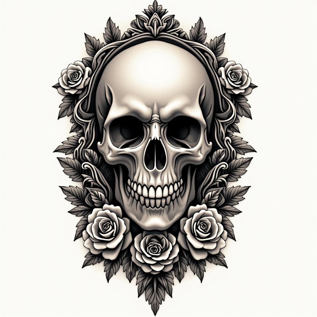 Mask skull beast lovein victorian style tattoo, featuring vintage and elegant elements, ornate frames, roses, antique, sepia-toned color scheme - Variation 2