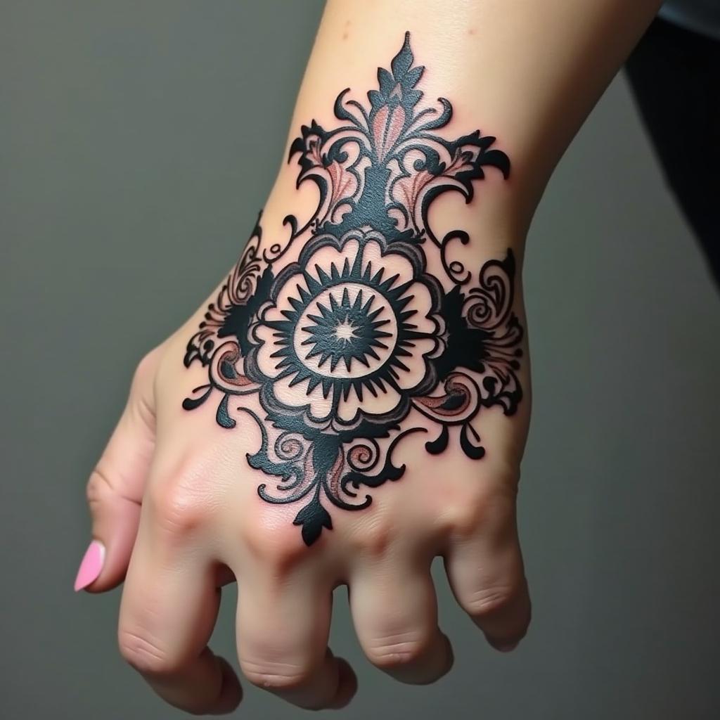 in ornamental tattoo style, featuring intricate symmetrical patterns and floral designs, showcasing highly detailed line work and geometric shapes, creating a sense of elegance and balance - Variation 3