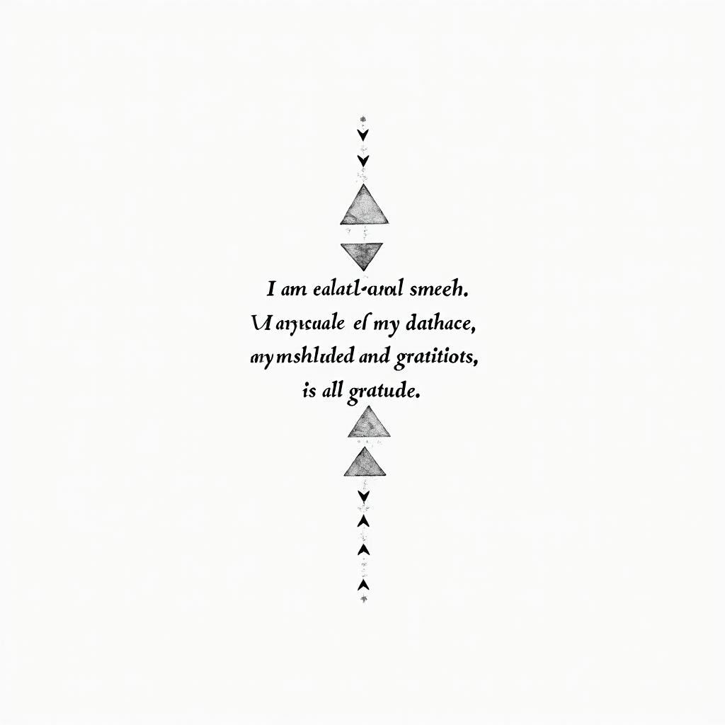 Phrase: I am made of scars and gratitude.in minimalist style tattoo, featuring simple shapes and fine lines, with minimal shading and details, tiny triangles, creating a sense of balance and harmony - Variation 2