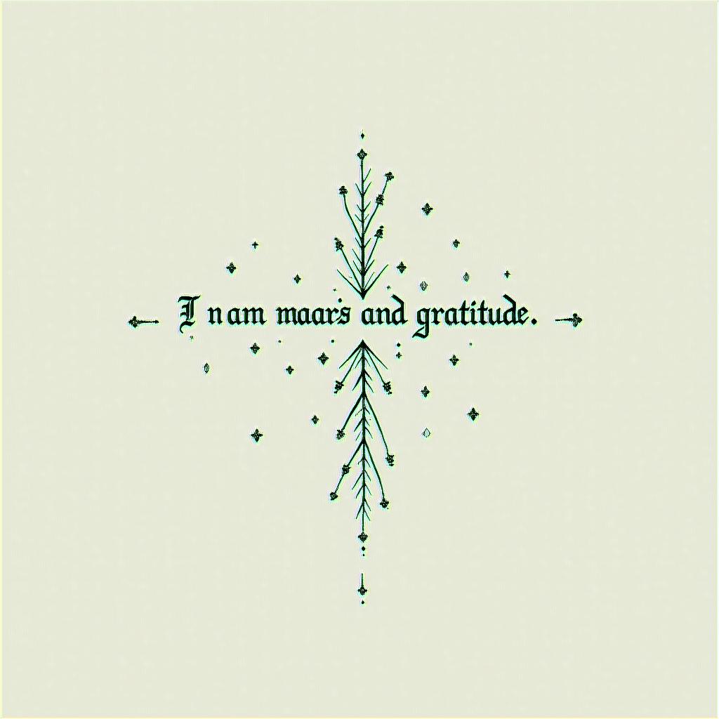 Phrase: I am made of scars and gratitude.in minimalist style tattoo, featuring simple shapes and fine lines, with minimal shading and details, tiny triangles, creating a sense of balance and harmony