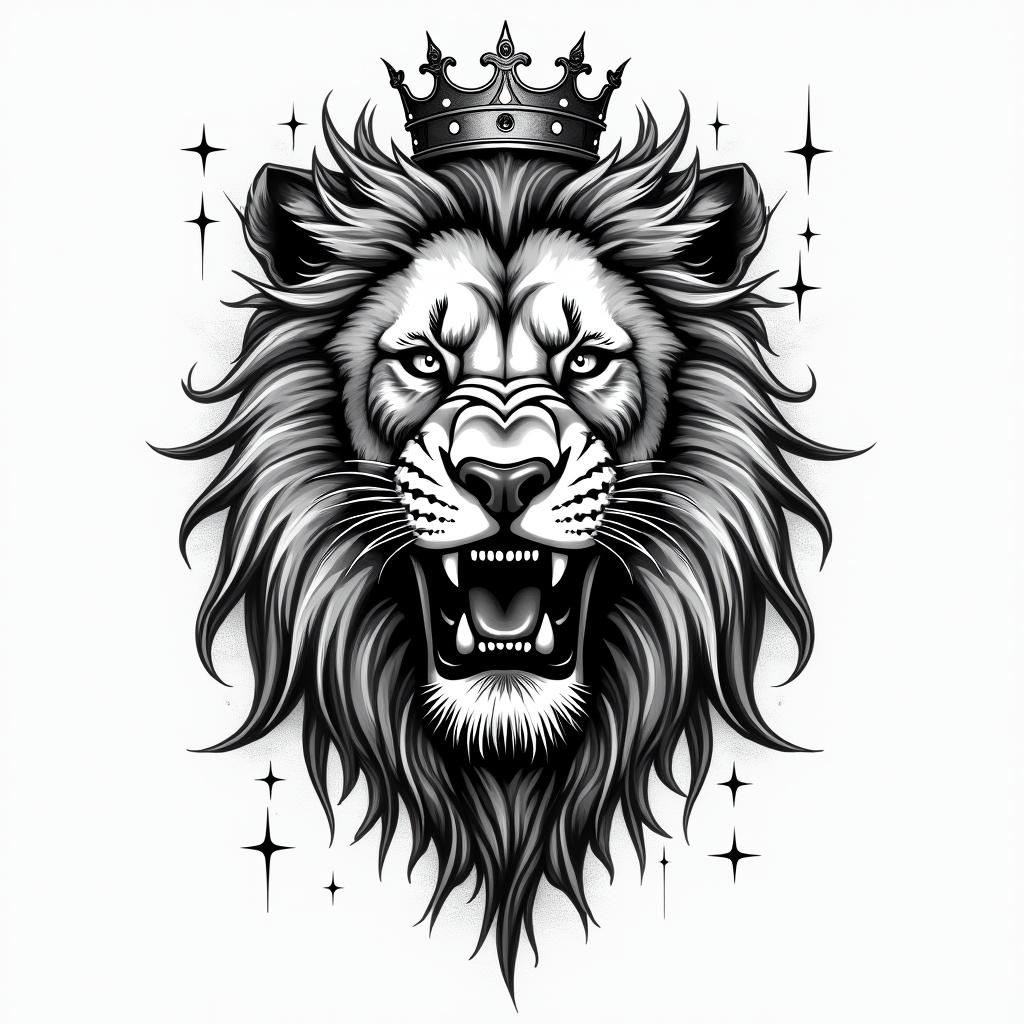 Lioness with crown on headin graffiti style tattoo, featuring bold and dynamic street art elements, spray-paint texture with exaggerated lines and expressive, chaotic brushstrokes, intricate lettering incorporated with graffiti tags, symbols like hearts, stars, and wings - Variation 6