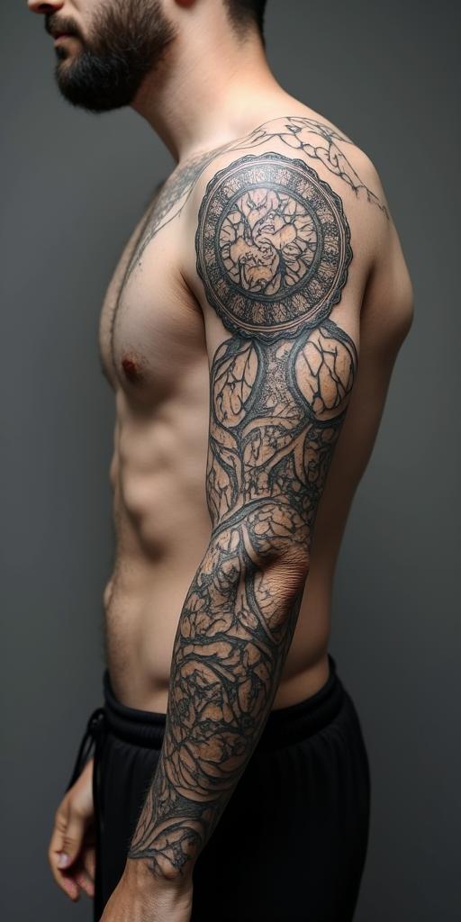 Brain and heart balance in geometric style tattoo, blending hexagons, mandala-inspired patterns, symmetrical and fractal design, clean lines, sharp angles - Variation 2