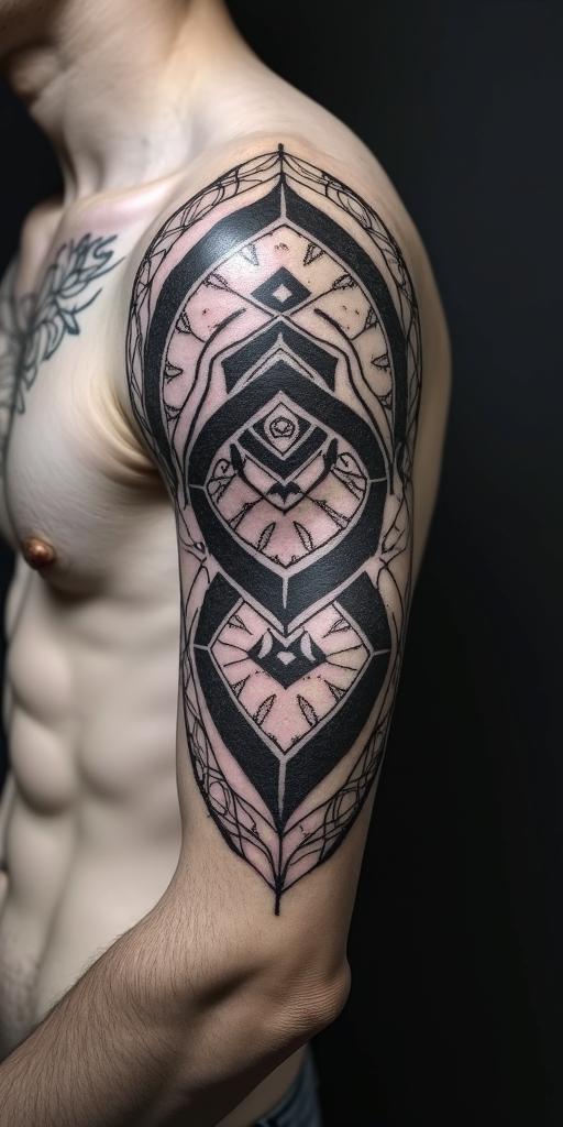 Brain and heart balance in geometric style tattoo, blending hexagons, mandala-inspired patterns, symmetrical and fractal design, clean lines, sharp angles - Variation 1
