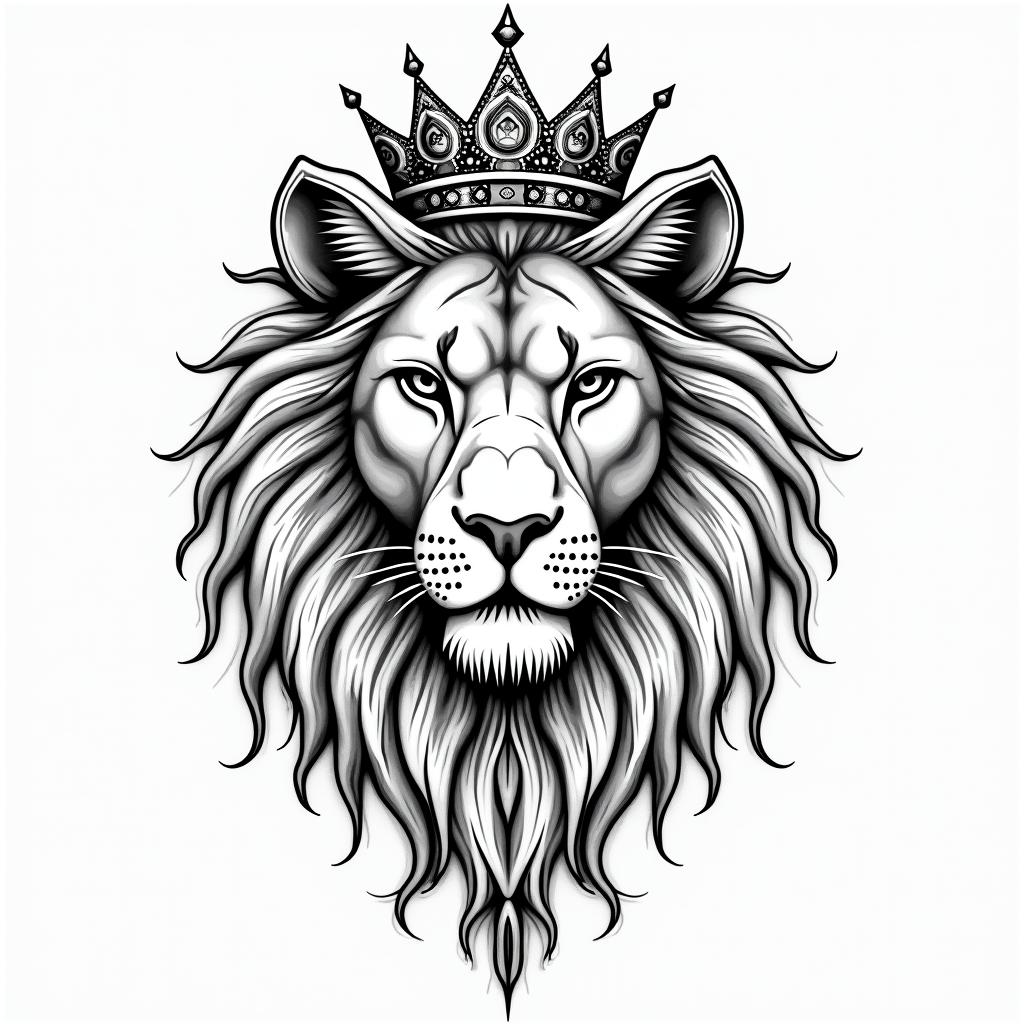 Lioness with crown on headin dotwork style tattoo, complex mandala patterns, interlocking geometric shapes with sharp symmetry, clean lines, sharp angles