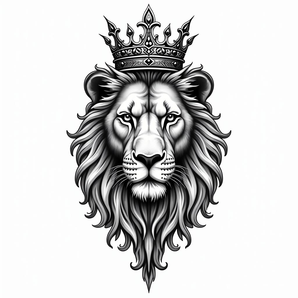 Lioness with crown on headin ornamental tattoo style, featuring intricate symmetrical patterns and floral designs, showcasing highly detailed line work and geometric shapes, creating a sense of elegance and balance - Variation 7