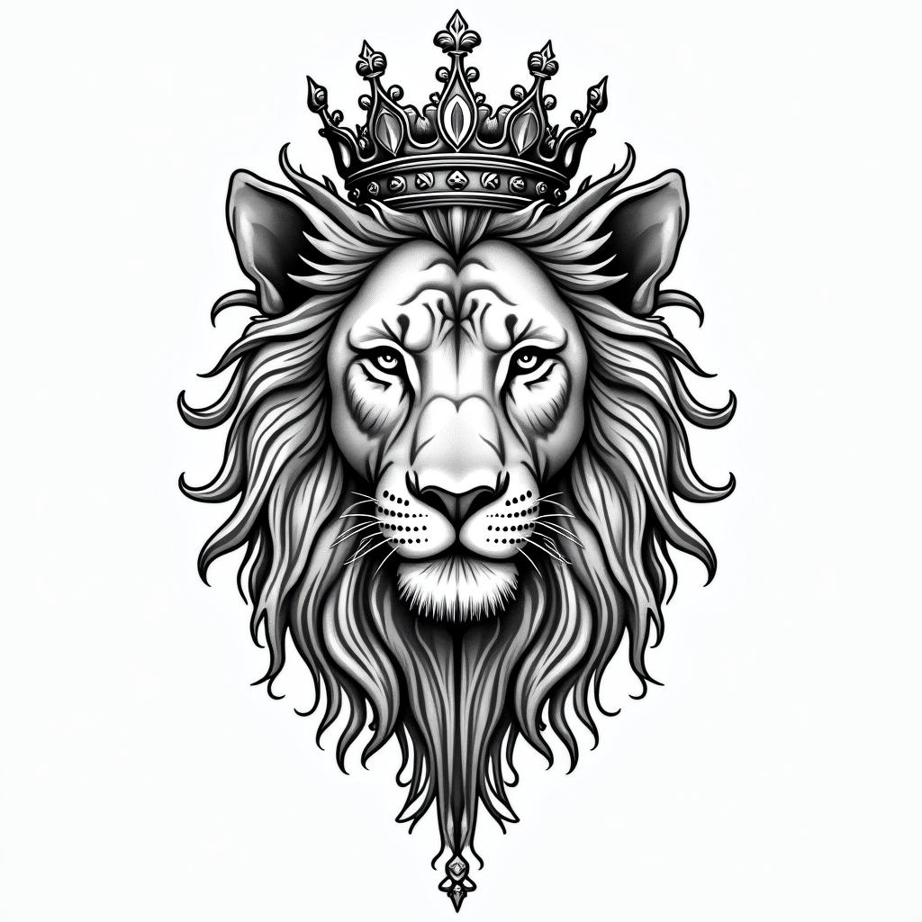 Lioness with crown on headin ornamental tattoo style, featuring intricate symmetrical patterns and floral designs, showcasing highly detailed line work and geometric shapes, creating a sense of elegance and balance - Variation 8