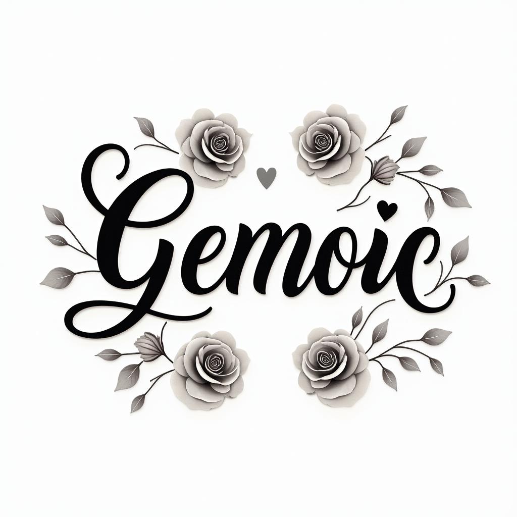 Man, Geminiin elegant cursive calligraphy style 2d tattoo, decorate with roses, featuring a smooth and flowing handwritten script with slightly thickened strokes for a luxurious and bold appearance,  heart symbol between names,  sleek and glossy black text with shadowing, minimalist matte white background, clean and sharp edges, illuminated with soft lighting, romantic, 8k, high-quality textures with refined typography - Variation 2