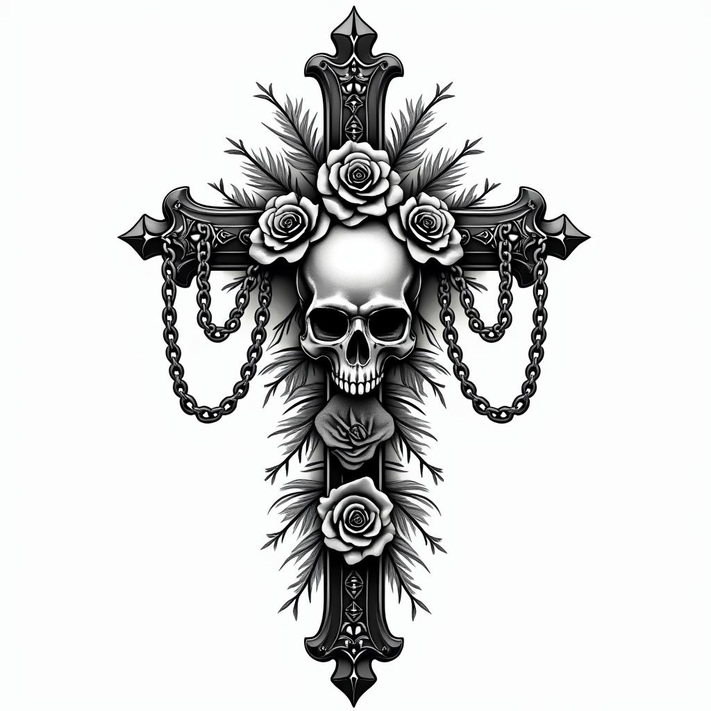 Loyalty in Chicano scriptin chicano style tattoo, featuring intricate black and grey shading, bold elements of traditional chicano culture symbols, add a big cross with skull, chains and roses
