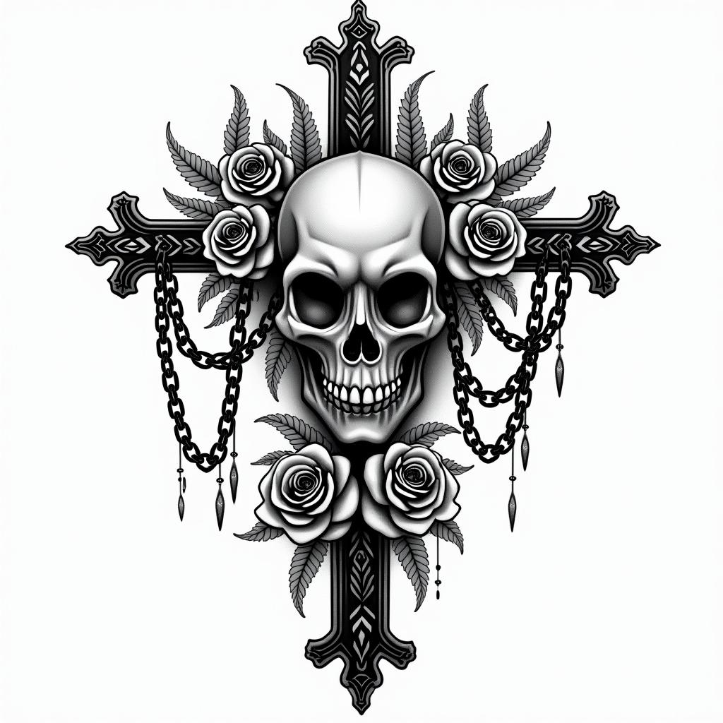 Loyalty in Chicano scriptin chicano style tattoo, featuring intricate black and grey shading, bold elements of traditional chicano culture symbols, add a big cross with skull, chains and roses - Variation 4